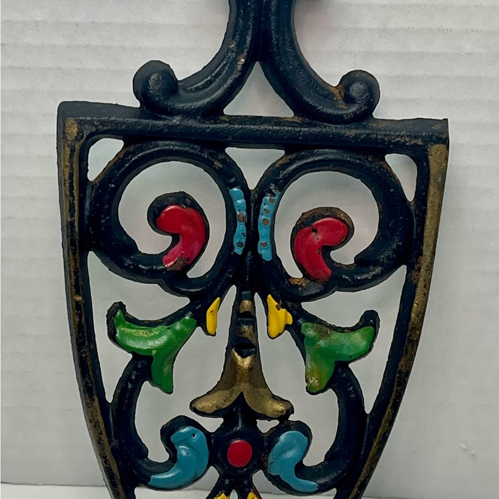 Vintage Cast Iron Trivet Ornate Painted Red Yellow Blue Green Gold 9”